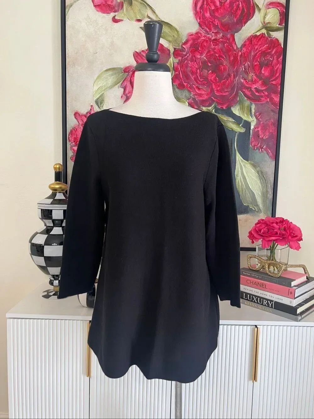 Chico's Women's Boat Neck 3/4 Sleeve A-Line Tunic Sweater Black Size 2 Large